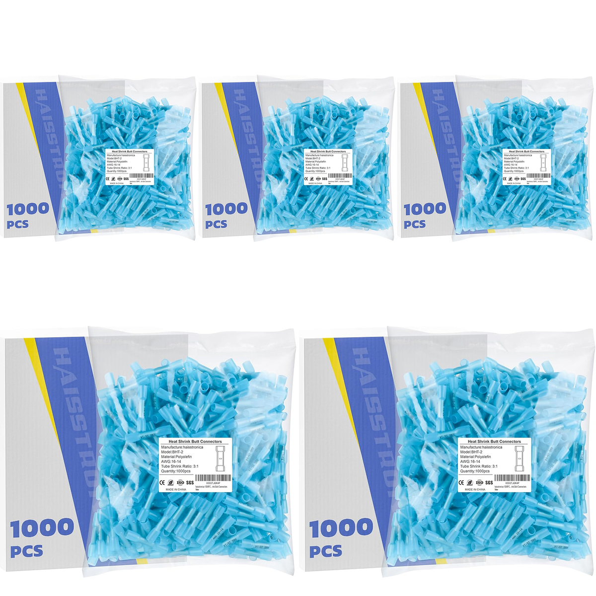 Standard Stock - 5*1000PCS 16-14 AWG Blue Heat Shrink Butt Connectors