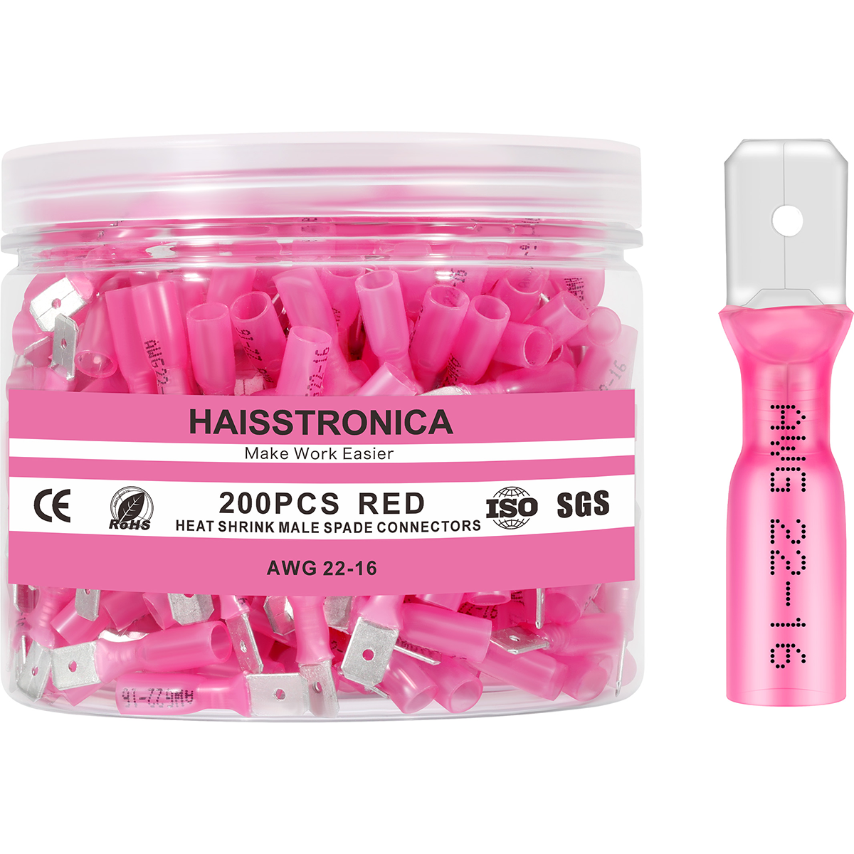 Haisstronica spade connector heat shrink, 200PCS red male terminals for secure electrical joints.