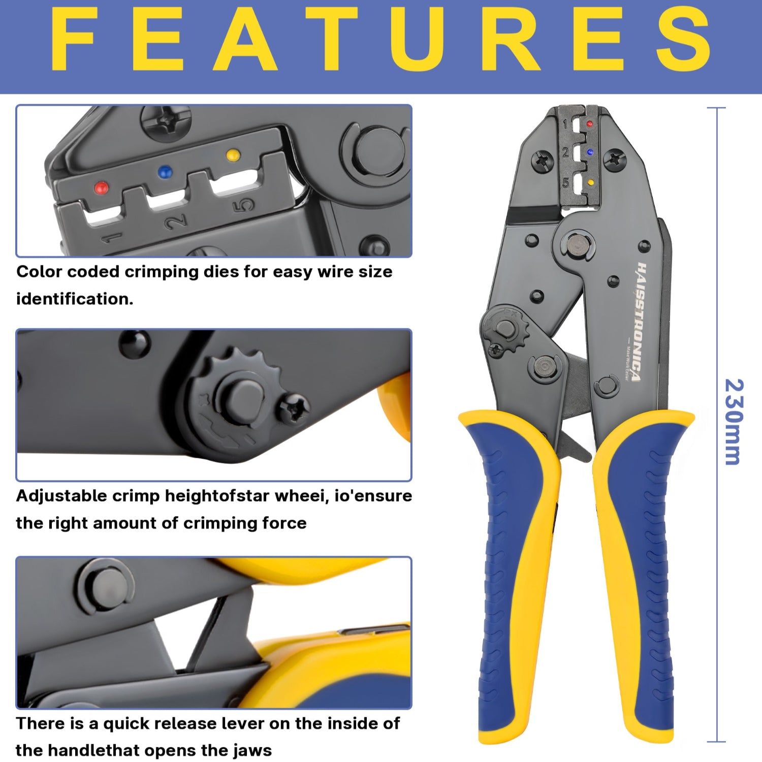Haisstronica tool crimping spark plug terminals (single/dual crimp) with multi-functional jaws for stripping and crimping.