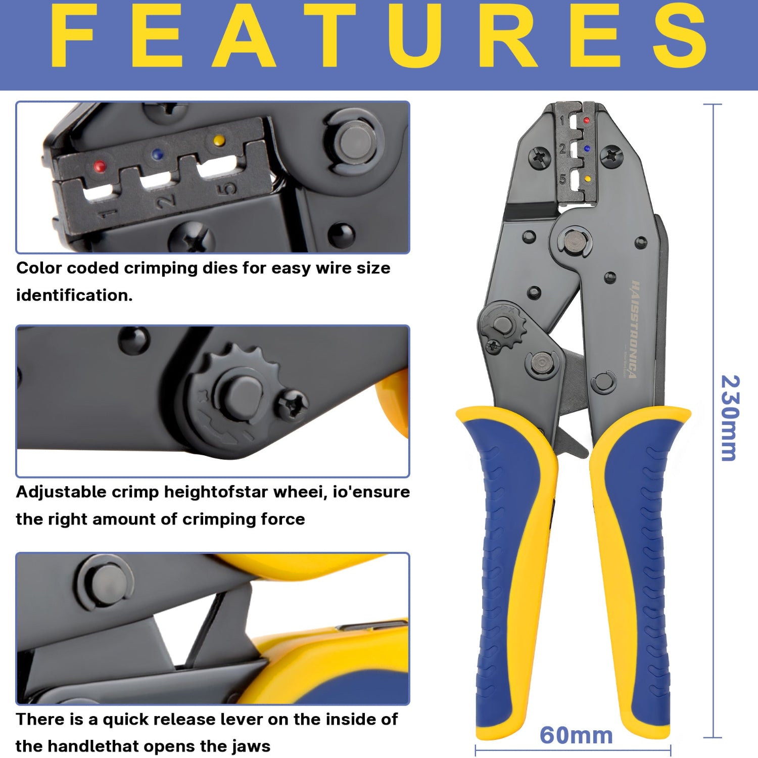 Haisstronica Wire Crimping Tool - Black with blue/yellow handles, AWG 22-10. Compact design