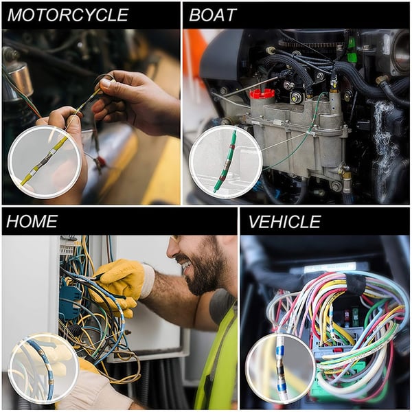 Multi‑scene montage for crimping and heat‑shrink splices on motorcycle, boat, home panel, and vehicle harness in harsh conditions.