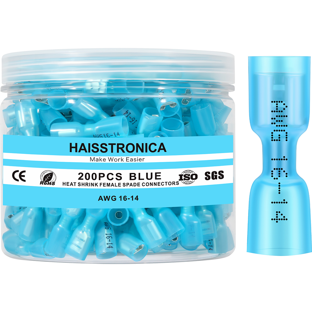 Haisstronica electrical connectors with heat shrink, 200PCS blue female spades, AWG 16-14.