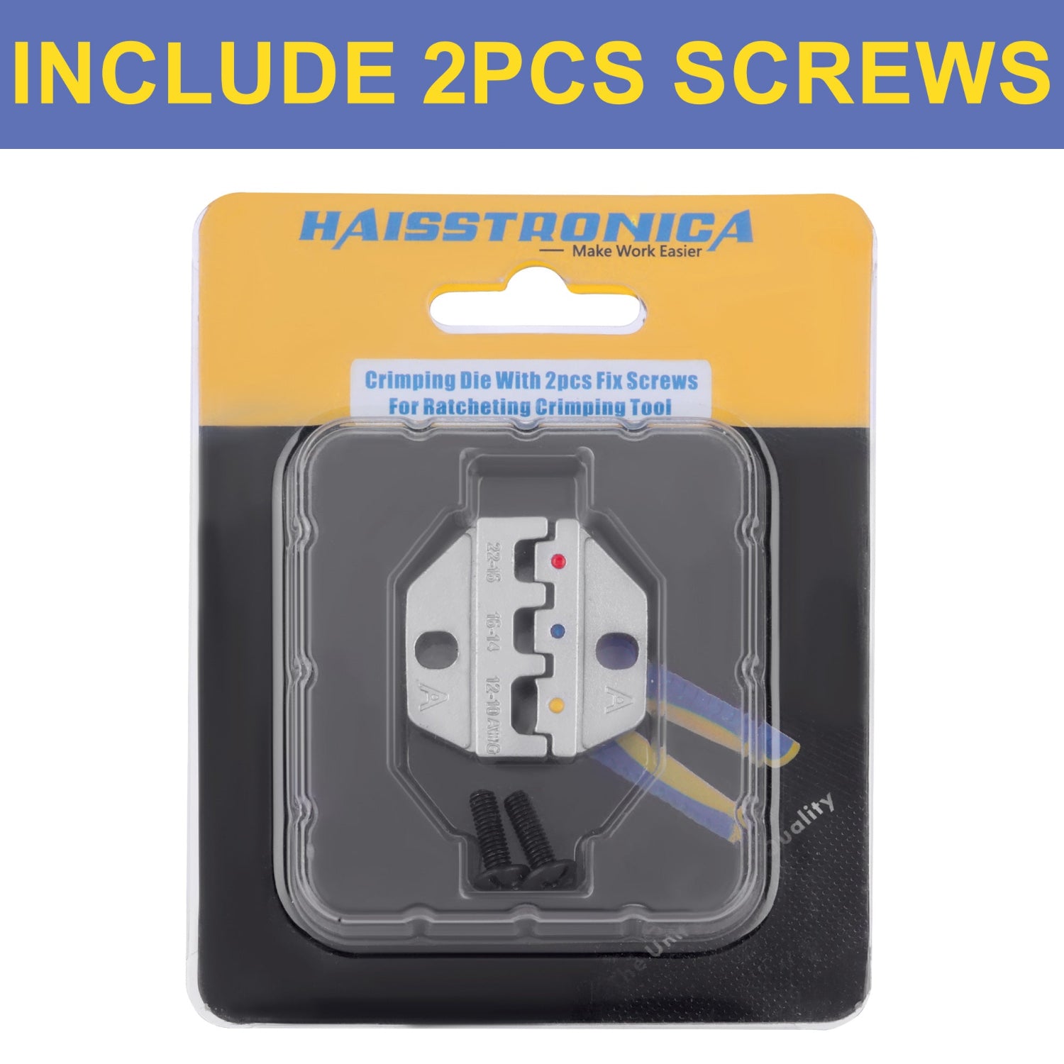 Haisstronica crimp tool die set (AWG 23-10) for multi-size terminals, including 23-16, 16-14, and 12-10 crimps.