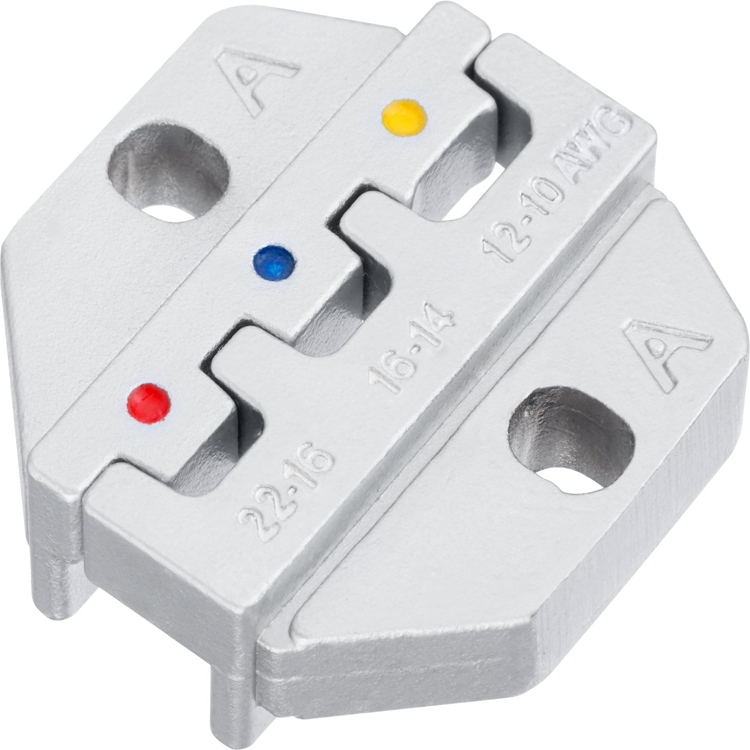 Haisstronica crimping die with 2 fix screws for ratcheting crimping tools, compatible with AWG 23-10 terminals.
