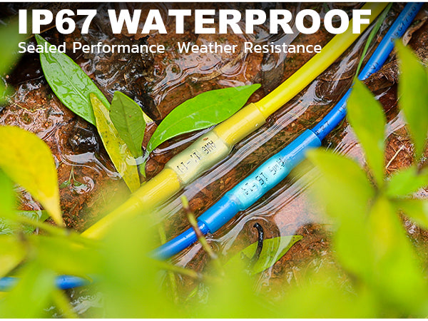 IP67 heat shrink connectors in wet foliage show weatherproof crimping for marine, automotive, trailer, and solar wiring.
