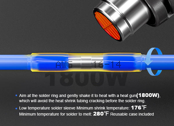 Crimping alternative visual: heat gun melts low‑temp solder sleeve; rotate while heating to form a sealed wire joint