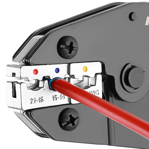 close-up of haisstronica electrical crimp tool jaws compressing a blue terminal on red wire; color dots and AWG