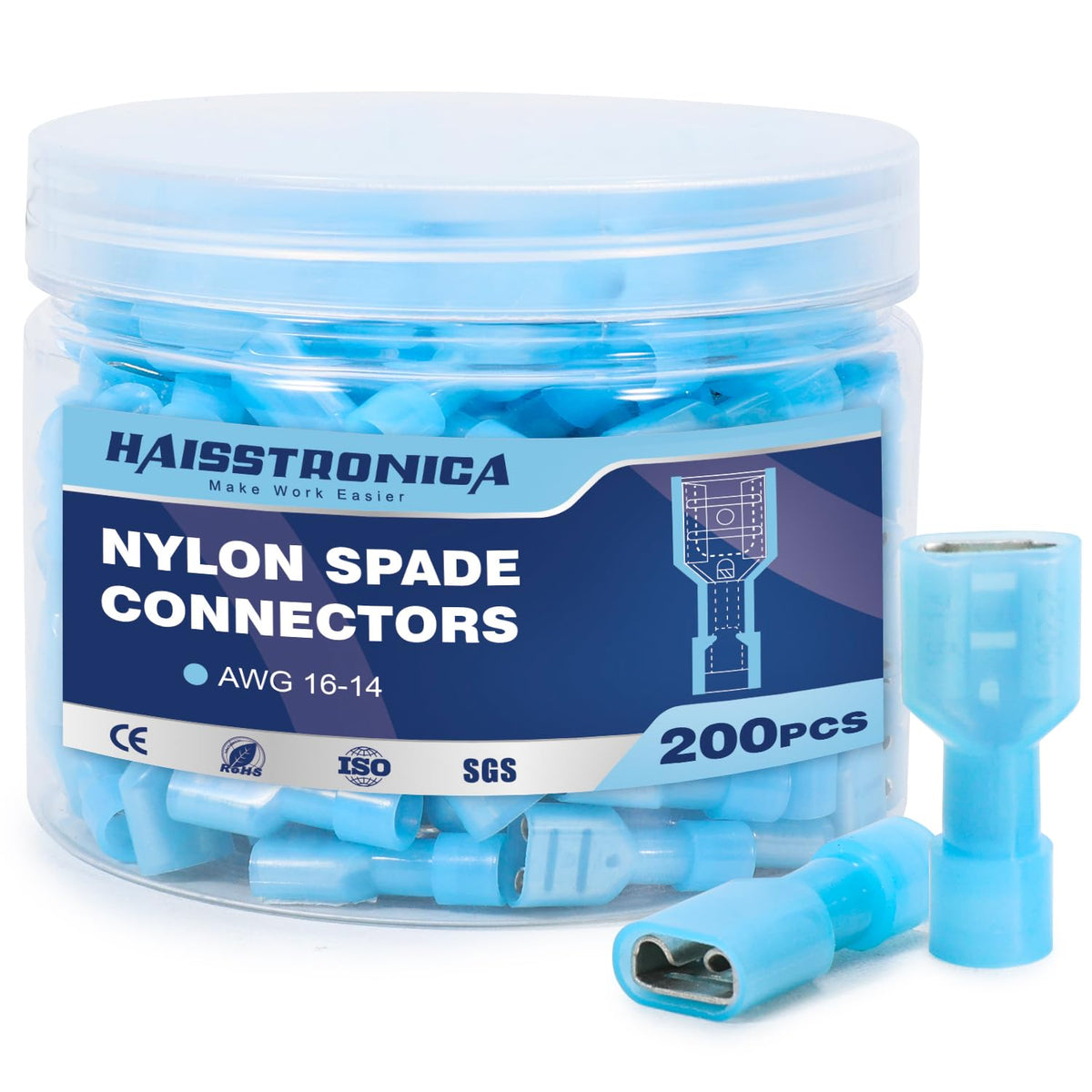 High-quality blue female lug designed for use with a professional crimping tool for spade connectors crimping tool for spade connectors
