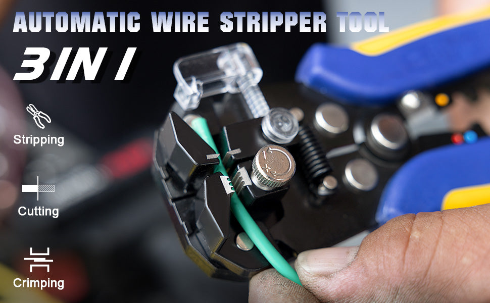 Close‑up automatic wire stripper 3‑in‑1 tool stripping, cutting and crimping a green cable; blue‑yellow comfort handles.