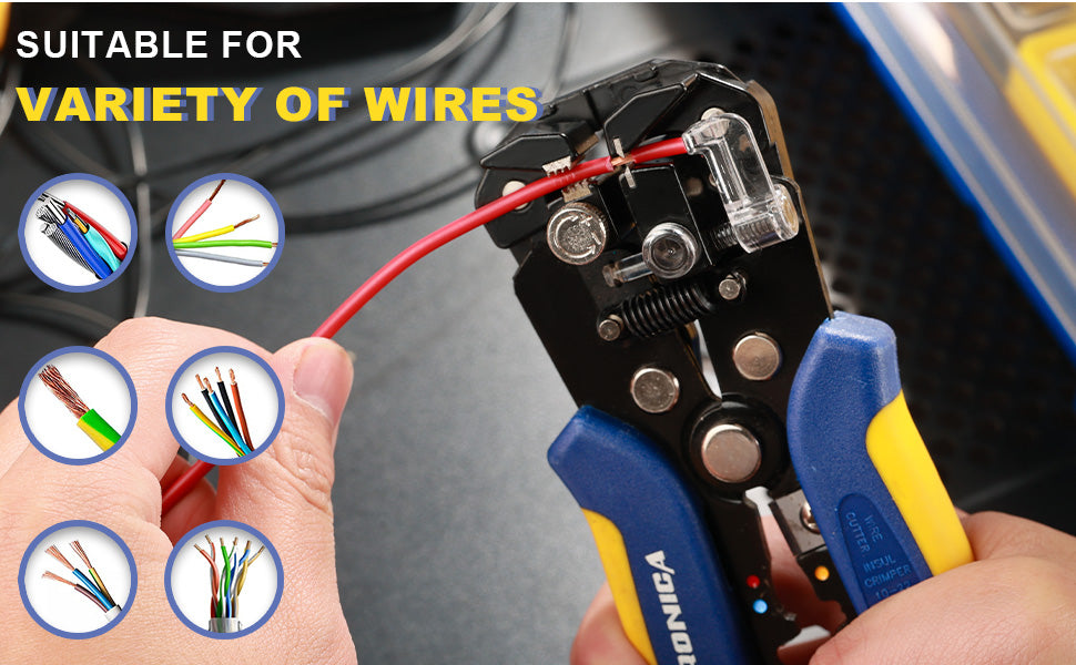 Hand using a multifunction wite stripper on a red wire; icons show cable types; precise stripping and crimping.