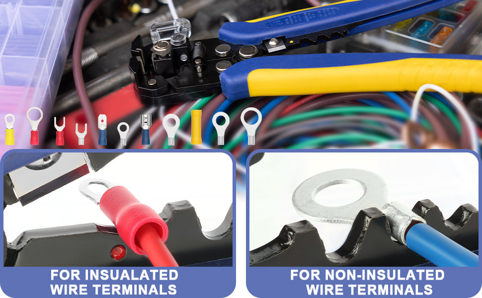 insulated and non-insulated terminals with haisstronica pliers; electrical crimp tools for ring, fork, spade bullet lugs