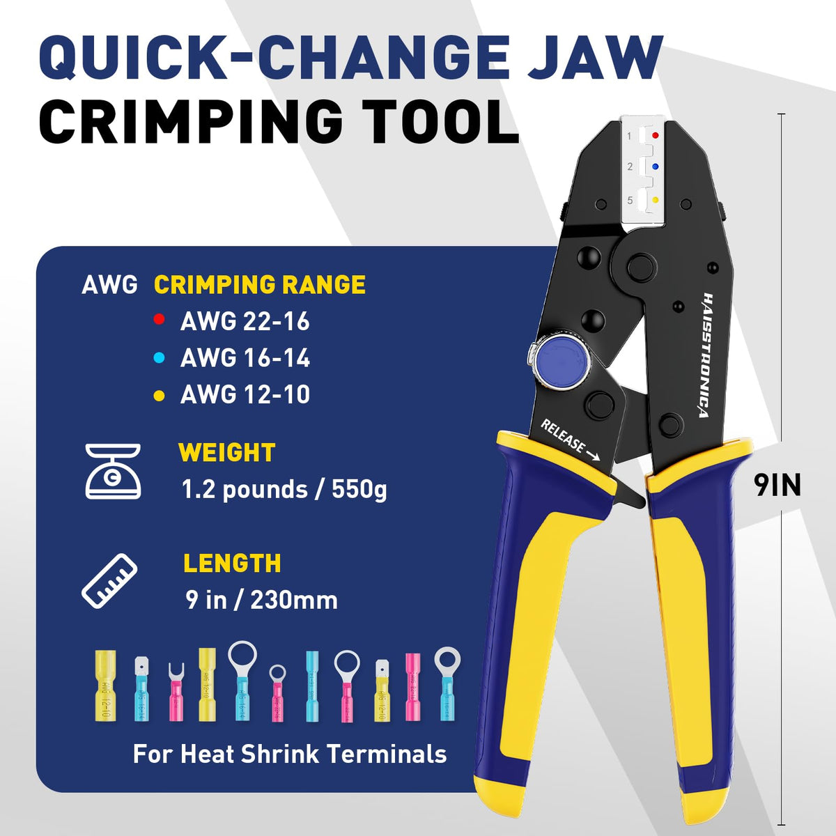 Spec overview for crimping tools: 9-inch length, 1.2 lb weight, AWG 22-10 range; great for heat-shrink terminals.