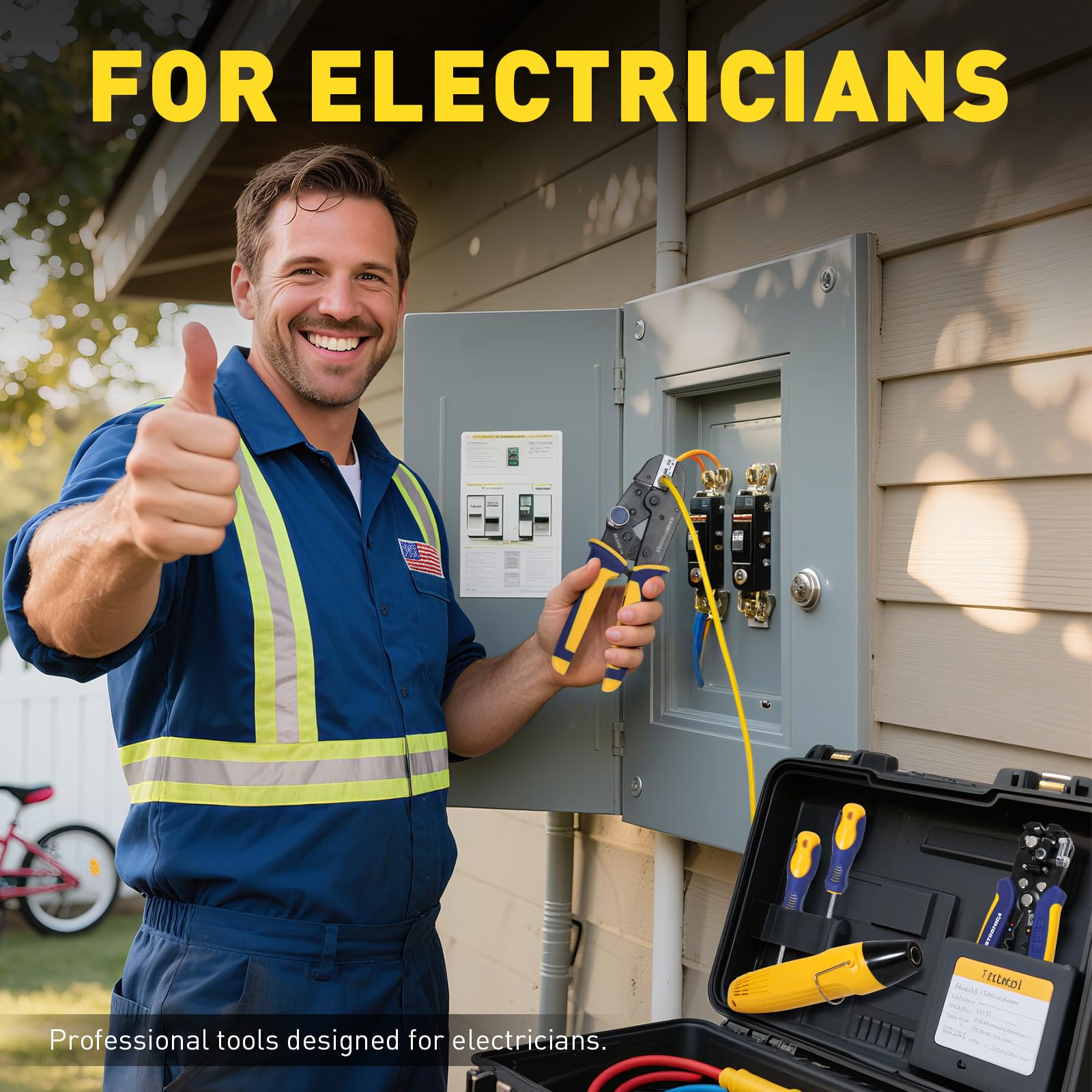 Smiling electrician demonstrates safe crimping of wire using ratcheting pliers beside a residential breaker panel and tool case.