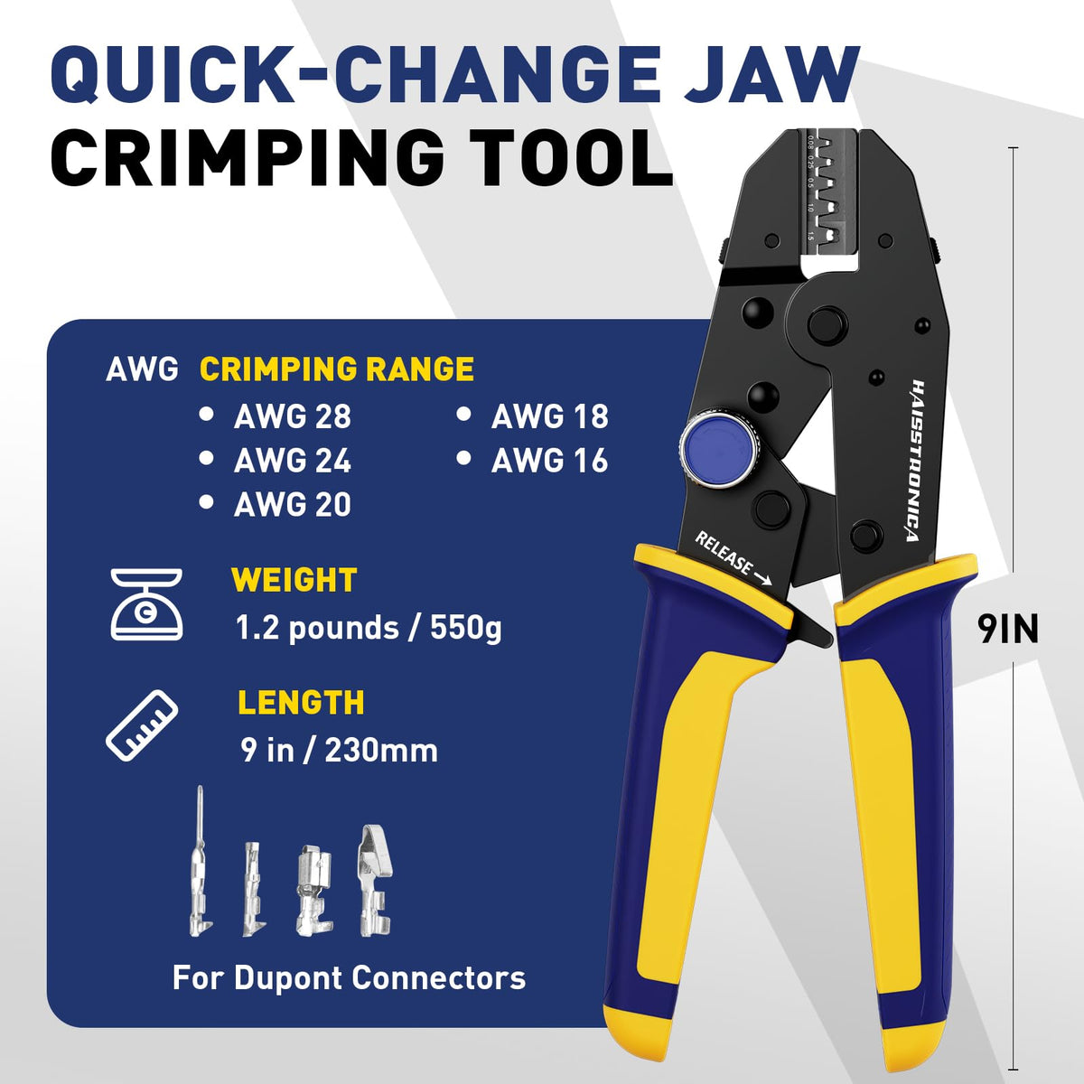 Tutorial shows aligning Dupont terminal fins and how to crimp wires; ratchet releases automatically to ensure a tight, long-lasting hold.