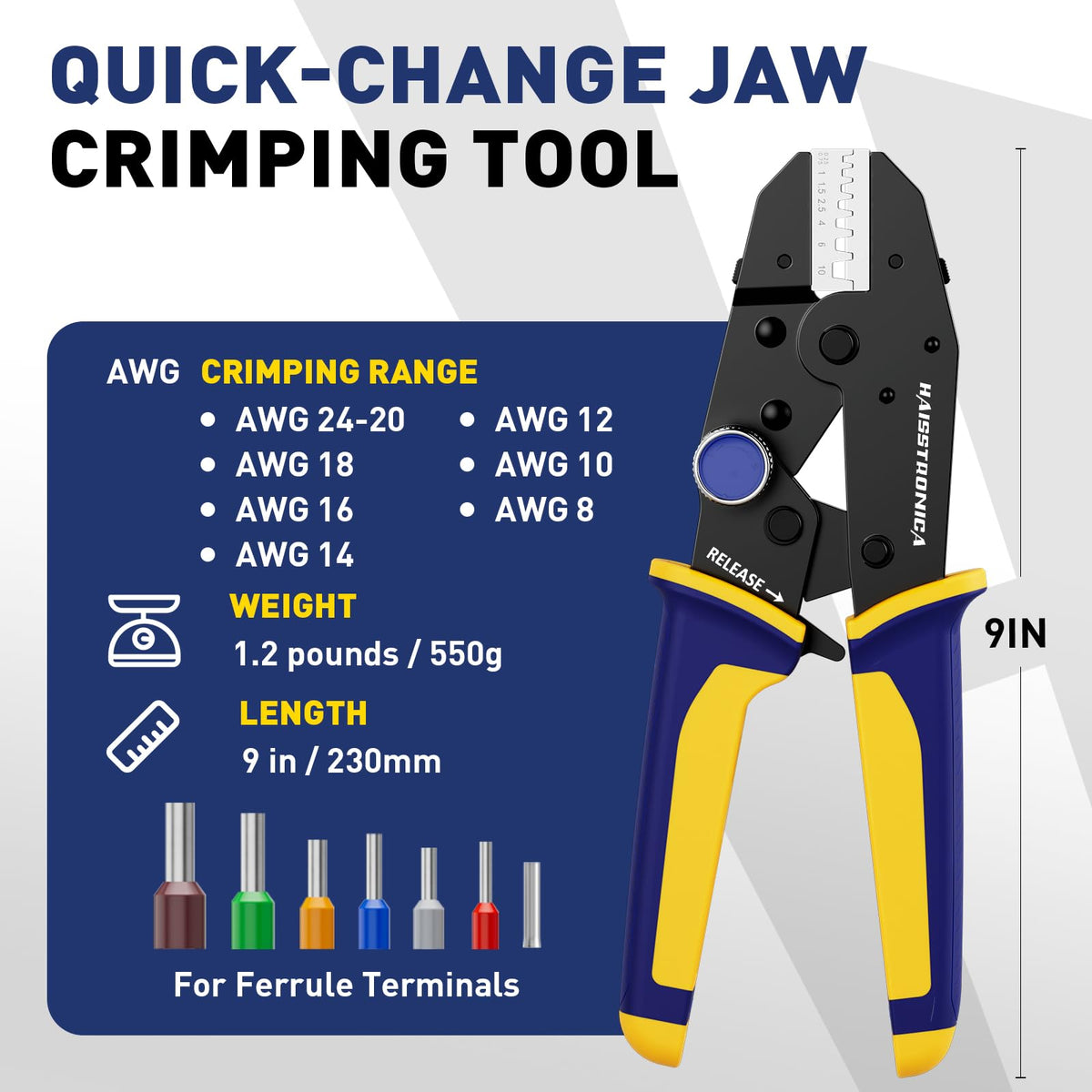 Specs of a wire crimp tool: quick-change jaws, 9-inch body, AWG 24–8 range; ideal for insulated ferrule ends on control wiring.