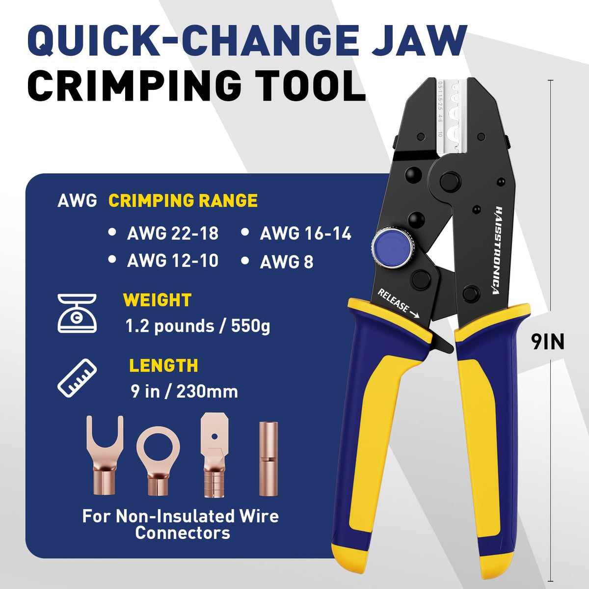 Specification card lists wire crimps ranges for non-insulated lugs, showing AWG coverage, tool weight, and nine-inch length for versatile workshop use.