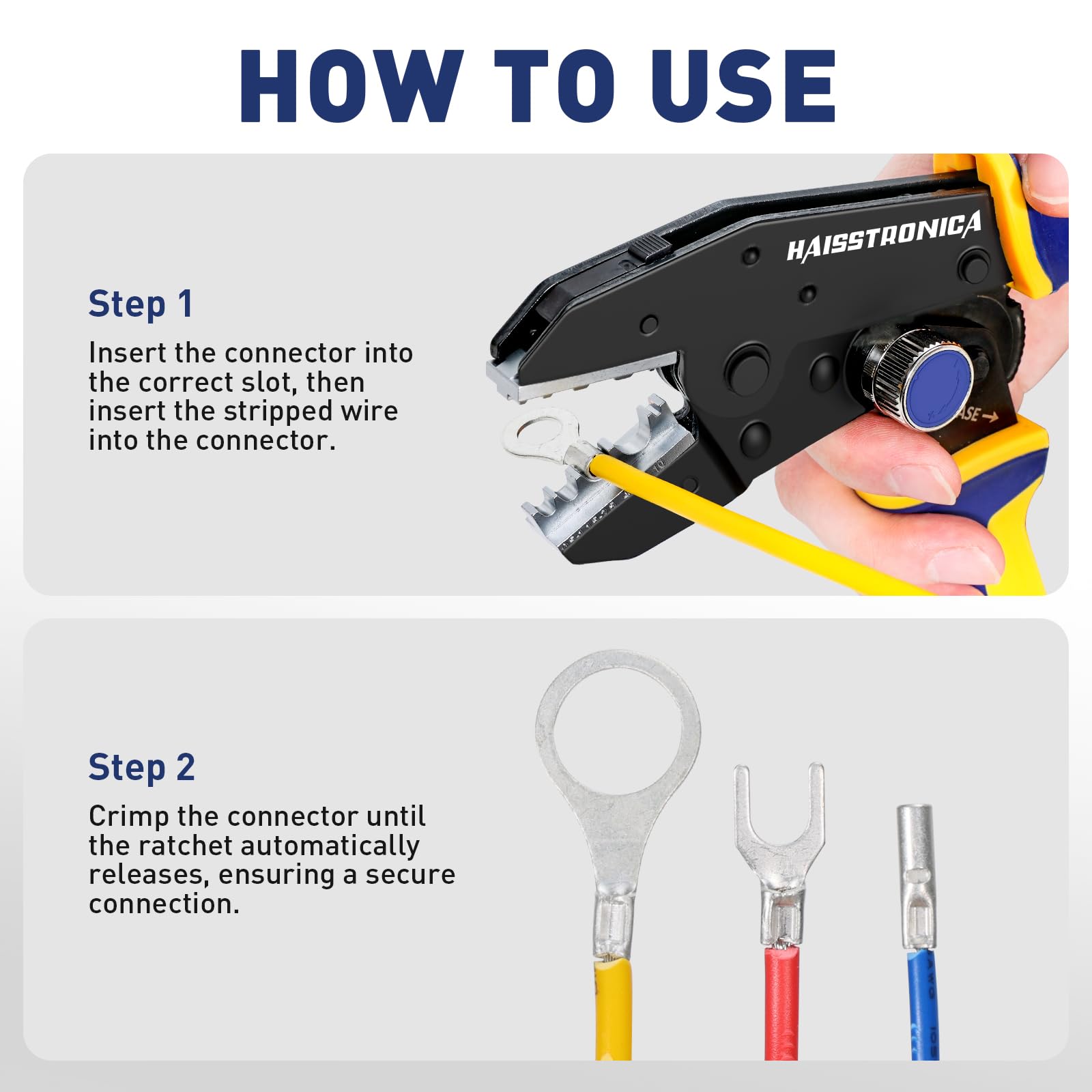 Step-by-step graphic shows how to crimp wire with non-insulated ring terminals: insert in the correct slot, then ratchet until the connection releases.