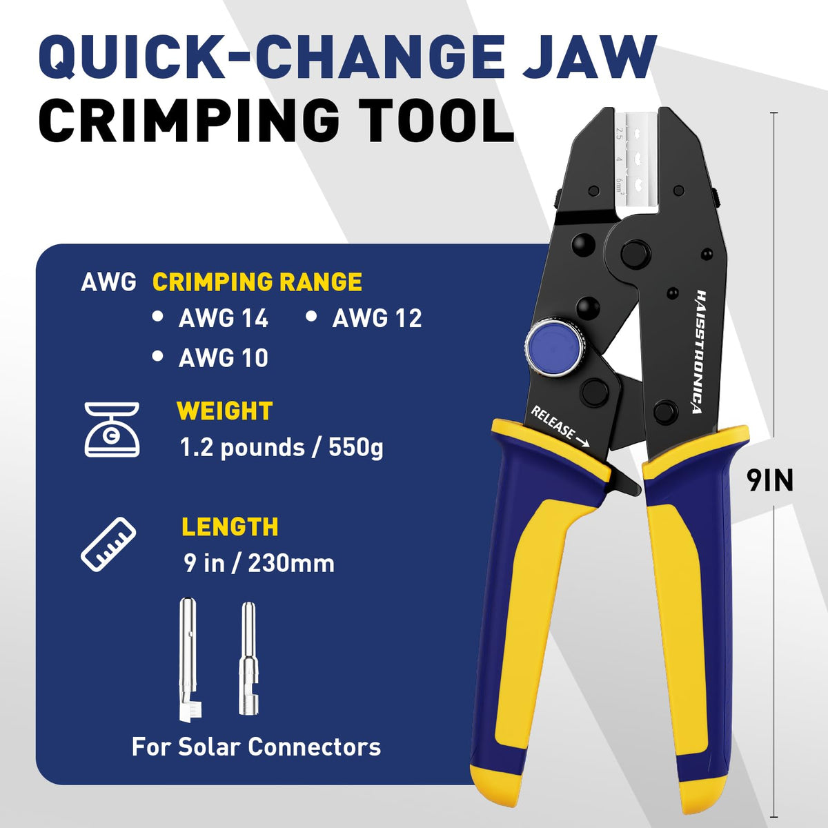 Spec sheet of wire crimper tools with quick change jaws, AWG 14, 12, 10 range, nine inch length, 550g weight for solar connectors.