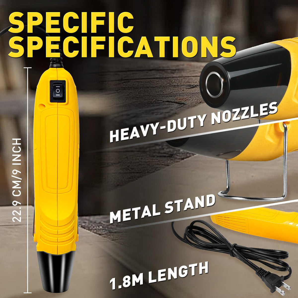 Dual-setting heat gun 350 watts, 110V; two temperatures 482°F and 752°F shown for craft, repair, and everyday work.