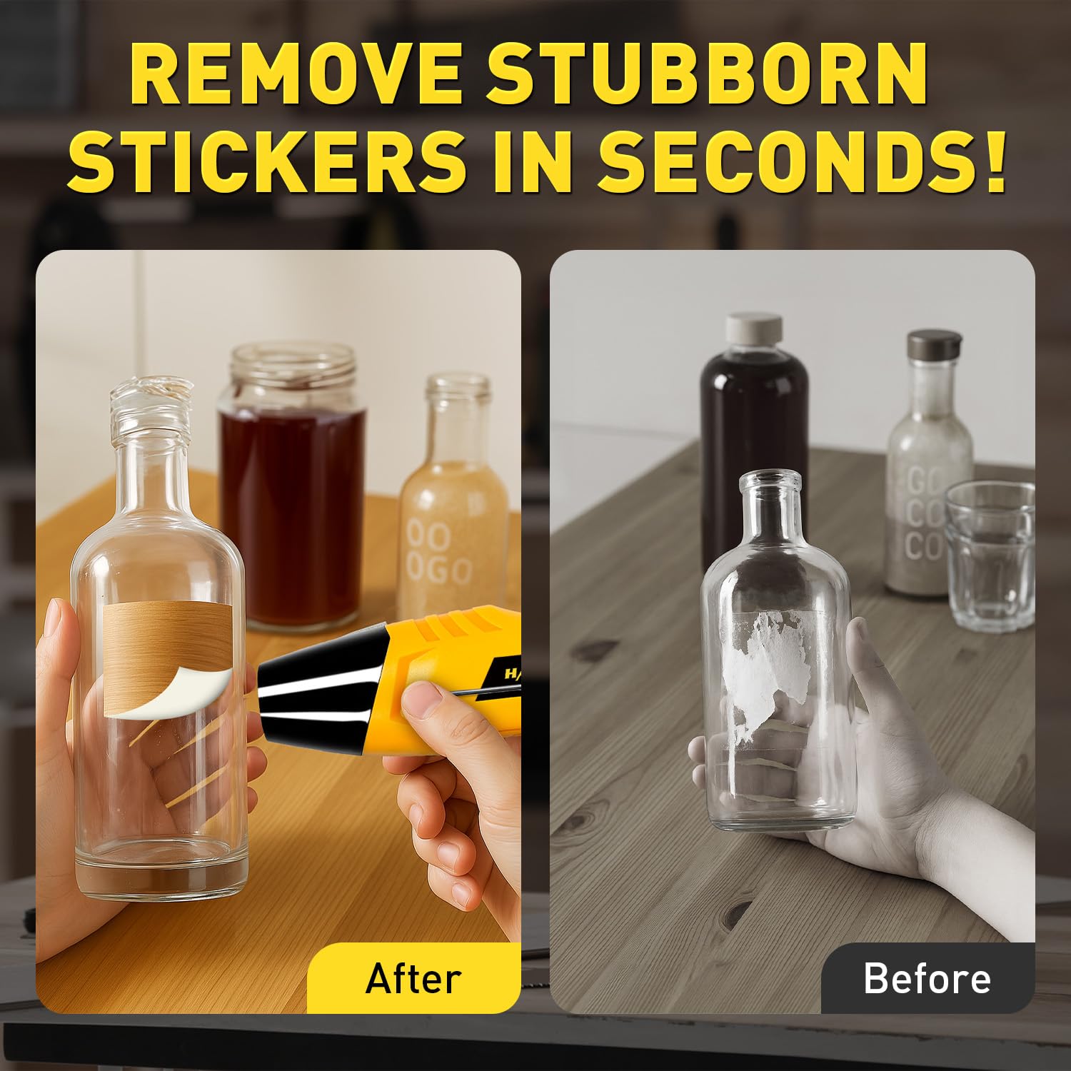 After vs before demo: heat gun removes stubborn bottle stickers cleanly; heating shows peel-away results in seconds.