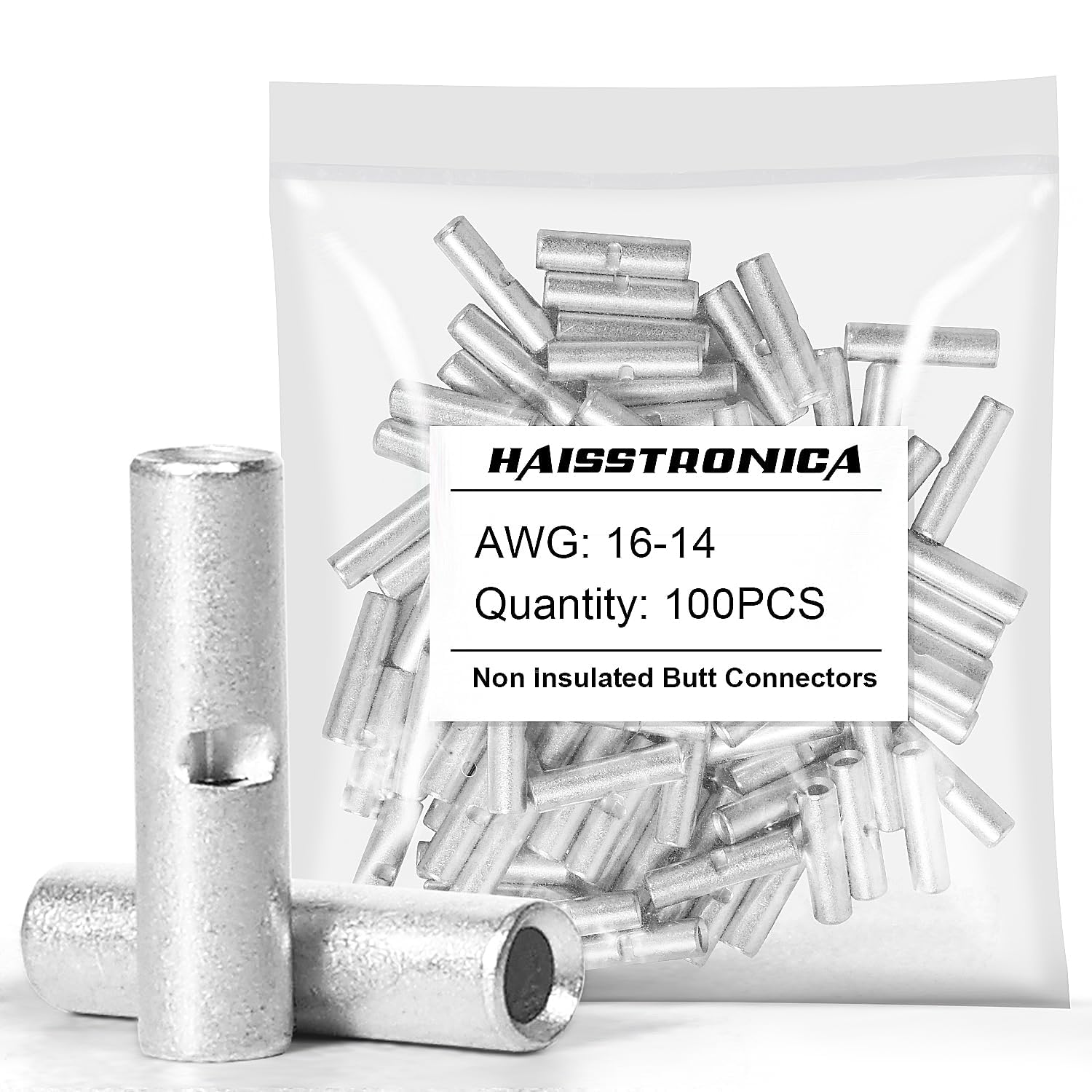 Haisstronica uninsulated butt splice: 100pcs AWG16-14 set (27A rating) for industrial electrical connections.