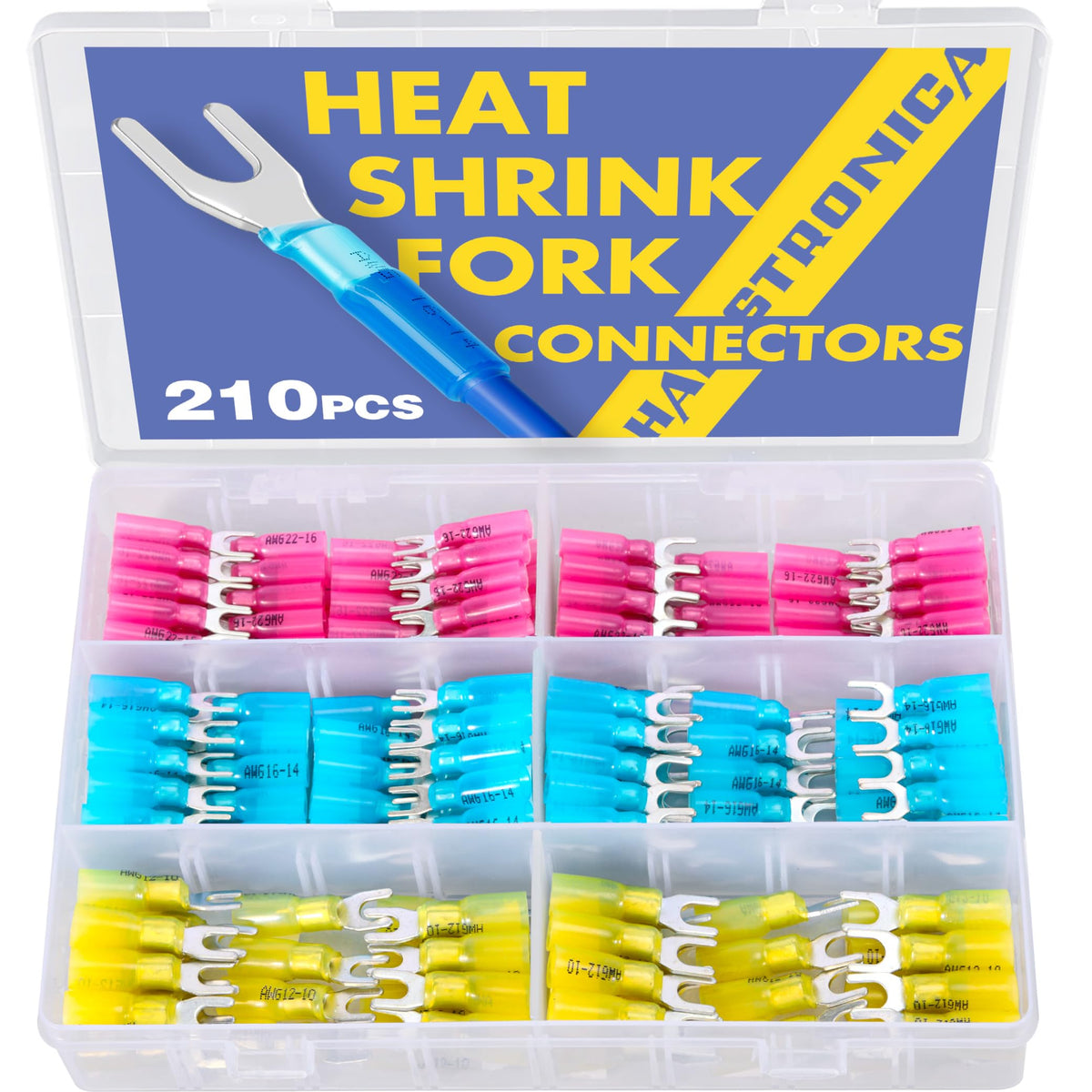 Fork connector assortment in storage case, featuring heat shrink insulation for reliable automotive and marine wiring.