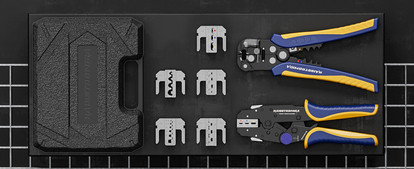 haisstronica wire crimping pliers adjusting ratchet wheel beside terminals, designed for repetitive workshop use
