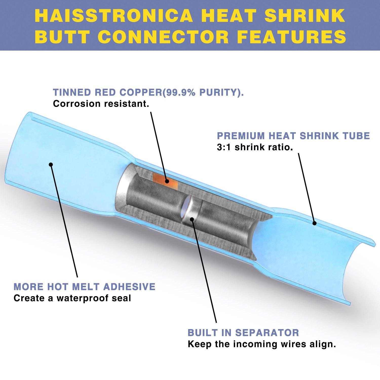 Heat shrink butt connector cross-section, HAISSTRONICA, waterproof adhesive, tinned copper core.
