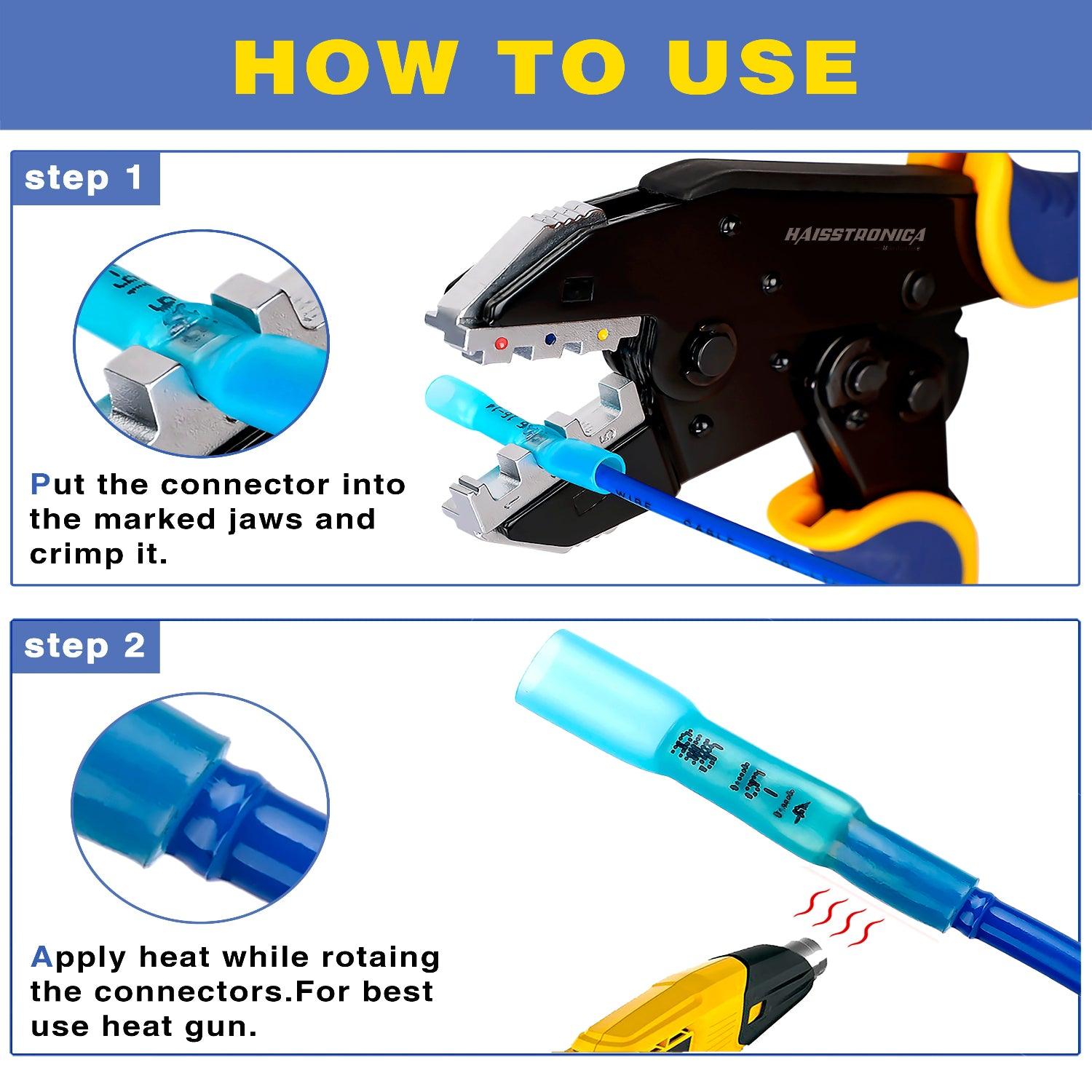 Step-by-step crimping guide for blue wire butt splice, HAISSTRONICA, heat gun application instructions.
