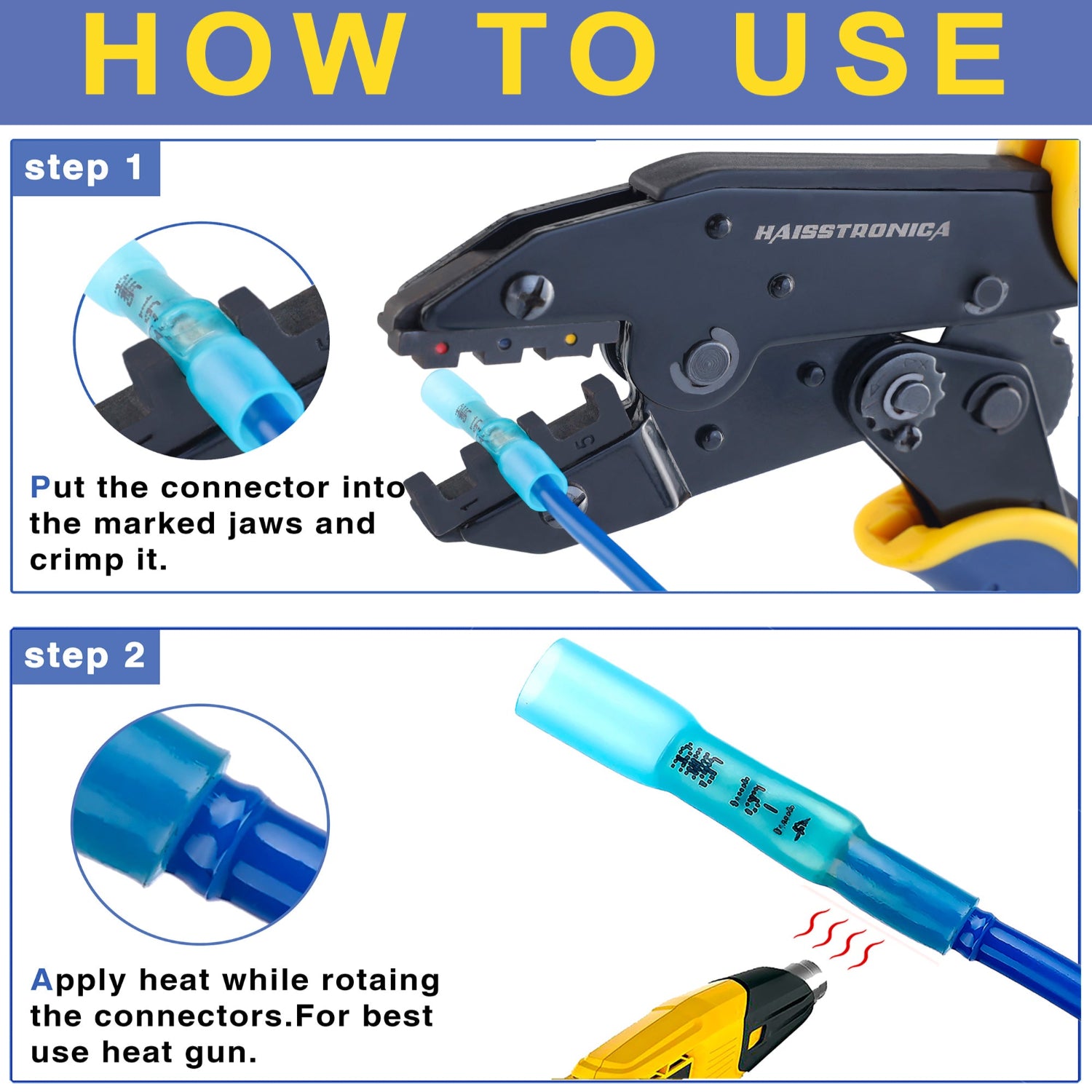 Haisstronica Wire Crimping Tool tutorial: Step crimping guide. AWG 22-10, quick-release.