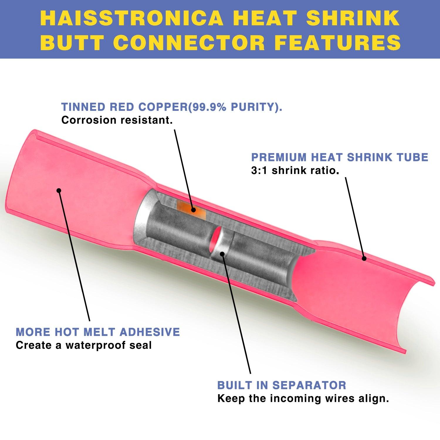 Pink heat shrink butt connector, HAISSTRONICA, 3:1 ratio, tinned copper core, waterproof seal.