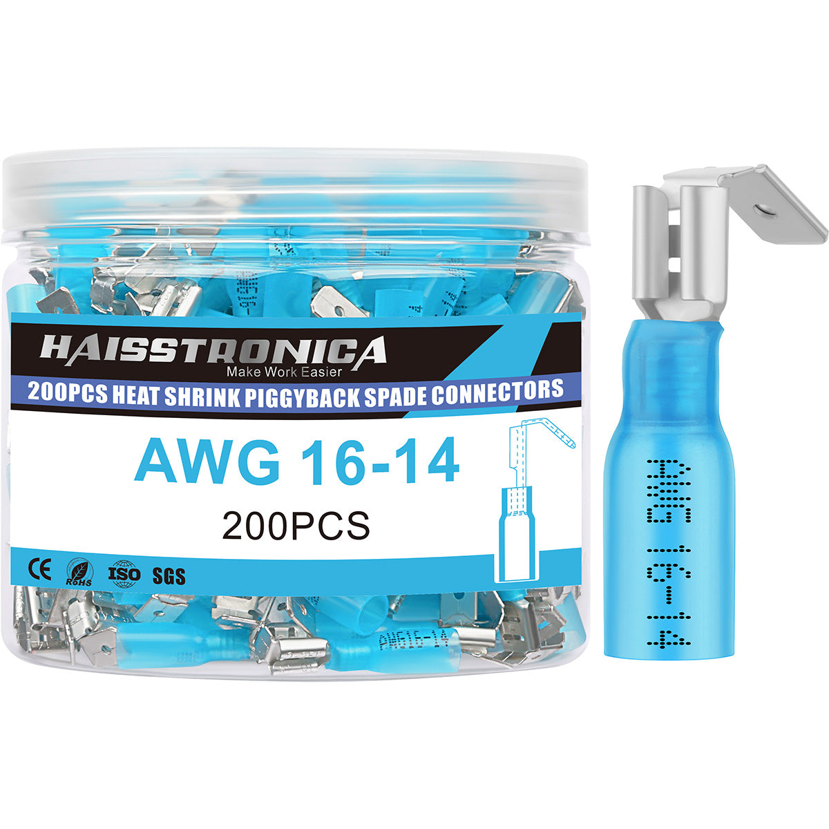 Haisstronica heat shrink spade connectors (200pcs, 16-14AWG), ISO-certified for durable piggyback wiring.