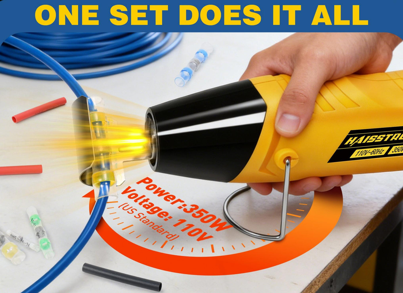 Technician using heat gun for heat shrink connectors to seal color coded terminals on wiring harness in a busy workshop