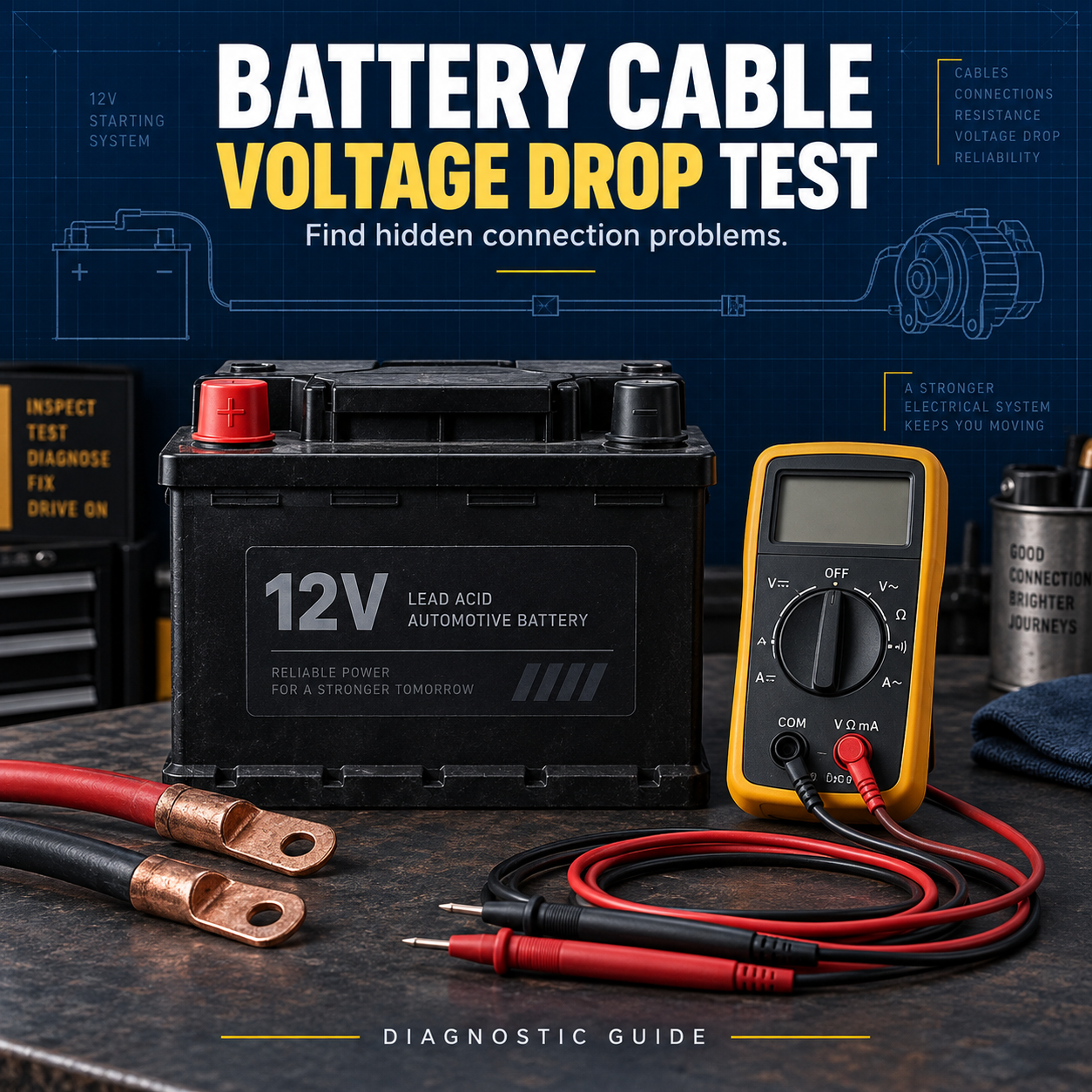 Illustrated battery cable voltage drop test guide with a 12-volt battery, copper lugs and a multimeter with a blank display