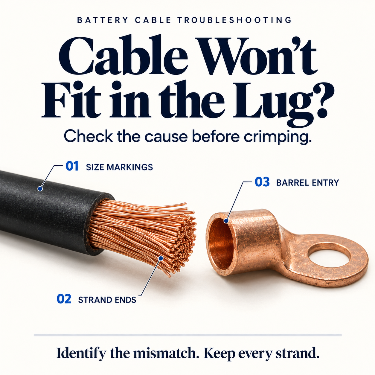 Conceptual troubleshooting illustration of battery cable strands facing a copper lug, with size markings, strand ends, and barrel entry identified