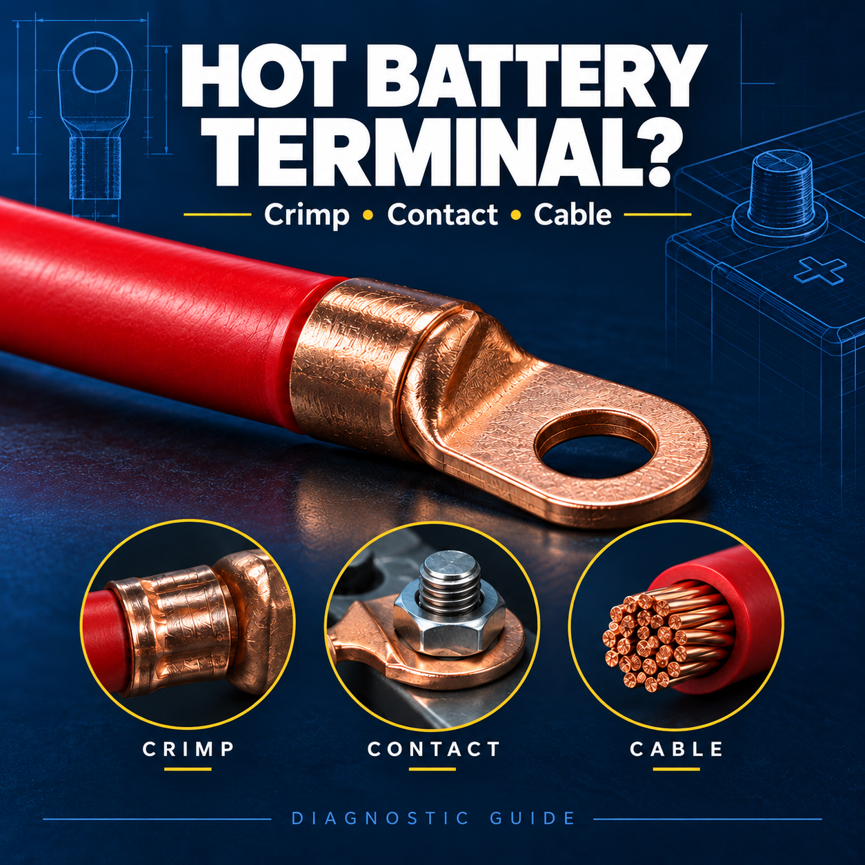 Square diagnostic illustration of a battery cable lug with crimp, contact, and stranded cable detail views