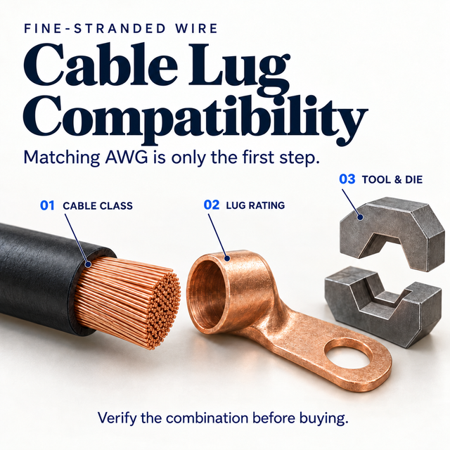 Conceptual illustration of fine-stranded copper cable, a copper cable lug, and hex crimp dies for a compatibility check
