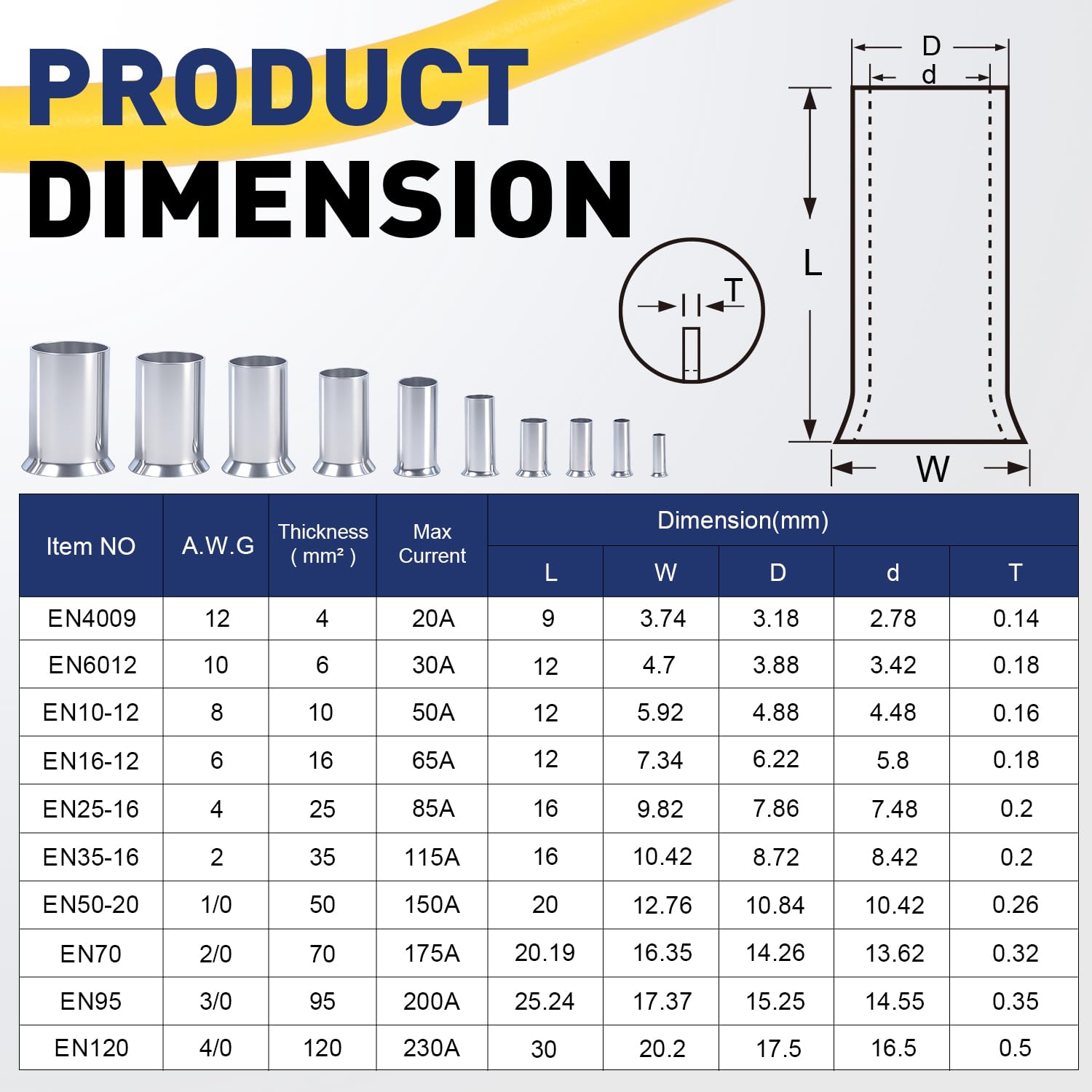 Ferrules connector product dimensions chart displaying multiple wire ferrule sizes for precise cable crimping.