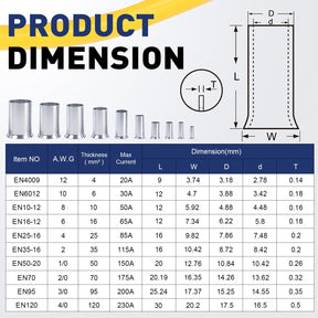 Ferrules connector product dimensions chart displaying multiple wire ferrule sizes for precise cable crimping.