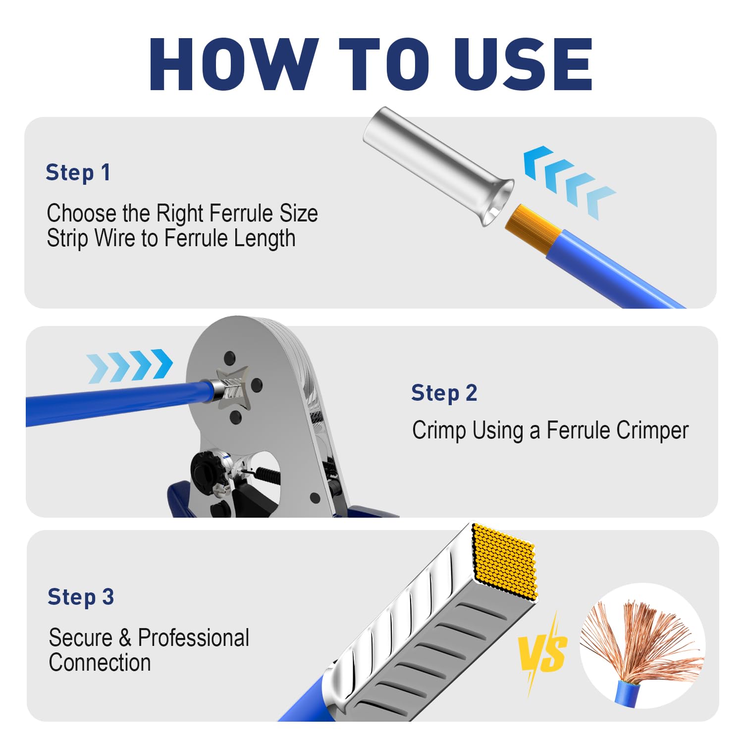 Wire ferrule kits instructions showing step-by-step process for stripping, crimping, and secure connection.