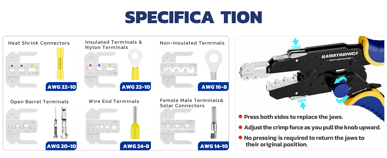 Butt crimp connectors and interchangeable die jaws chart showing wire gauges for heat shrink fork and ring terminals