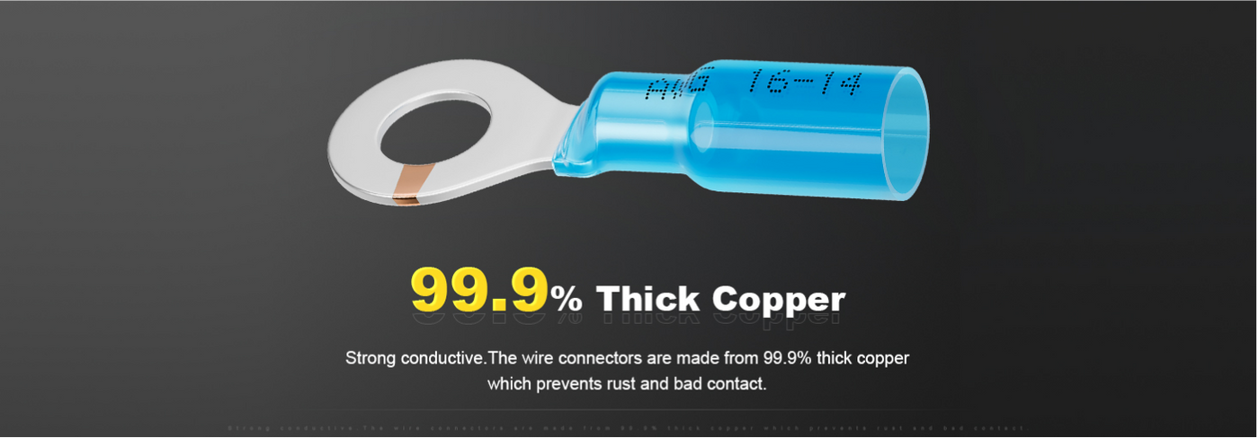 Blue heat shrink automotive wire connectors arranged in rows, waterproof ring and fork lugs for organized vehicle wiring