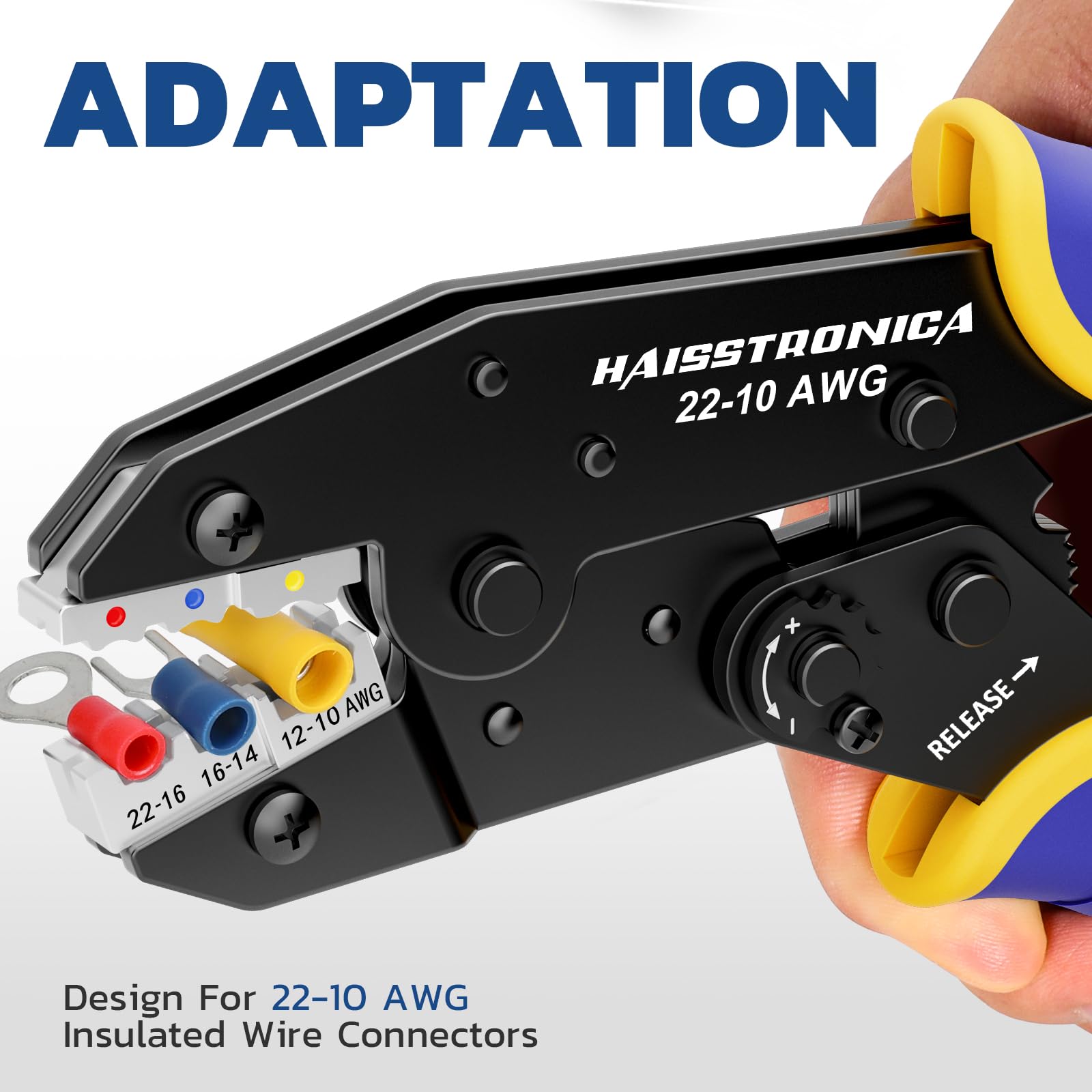 Haisstronica crimper die set (AWG 22-10, 16-14, 12-10) for automotive or solar wire terminations.