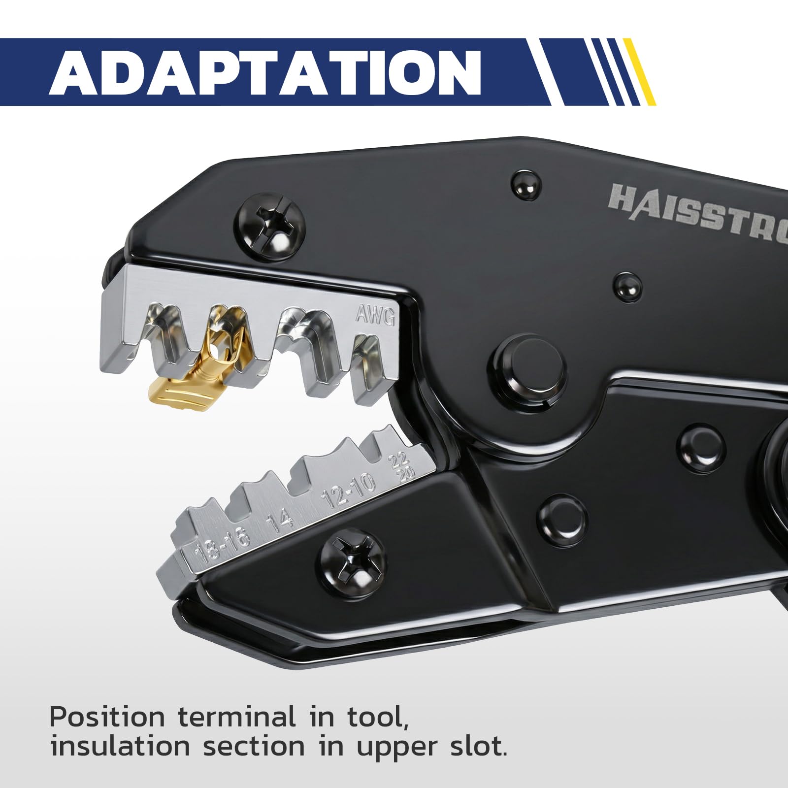 Haisstronica crimper die set (AWG 20-10) for heavy-duty cable lugs and industrial connectors.