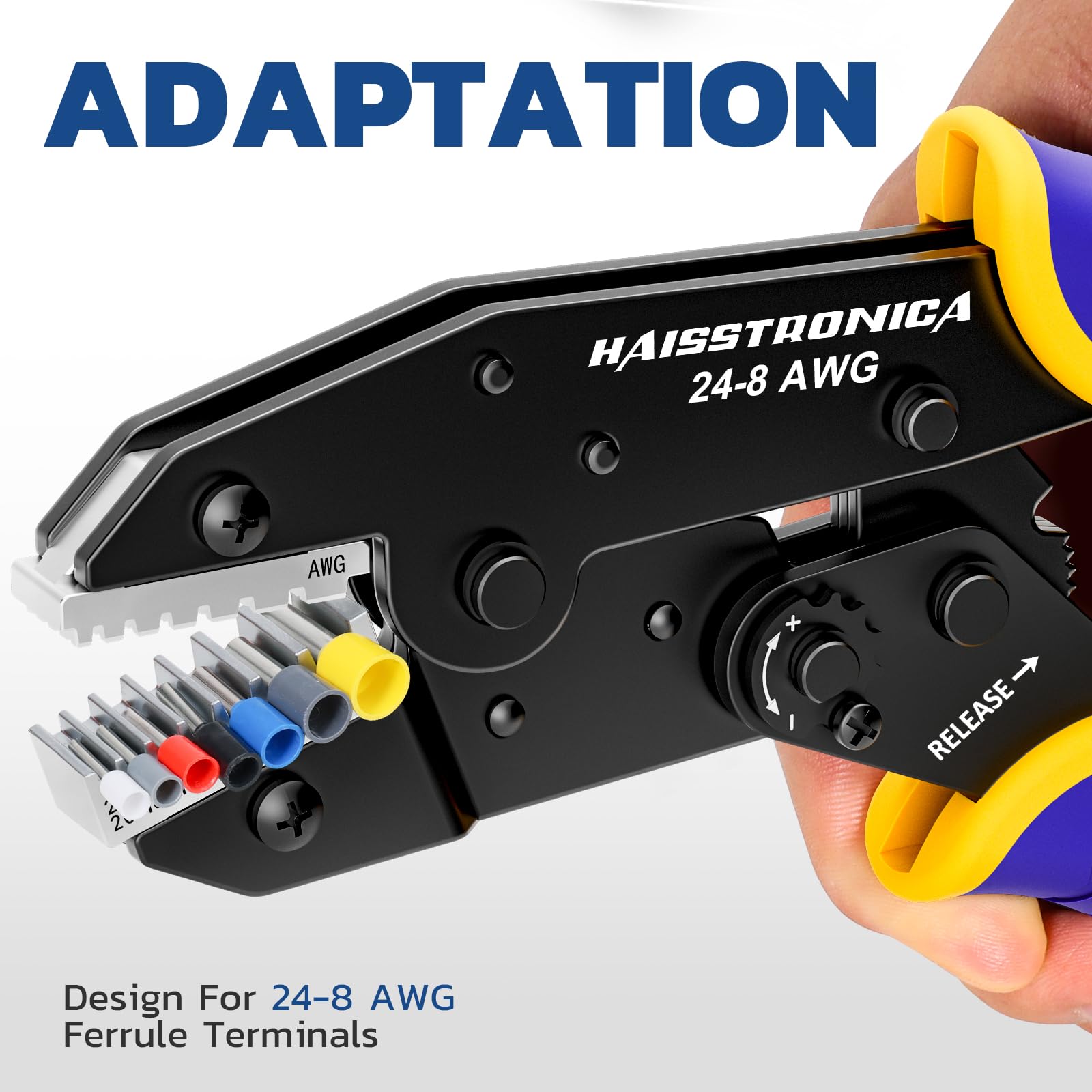 Haisstronica crimping die set (AWG 24-8) for precision crimps on multi-material terminals.