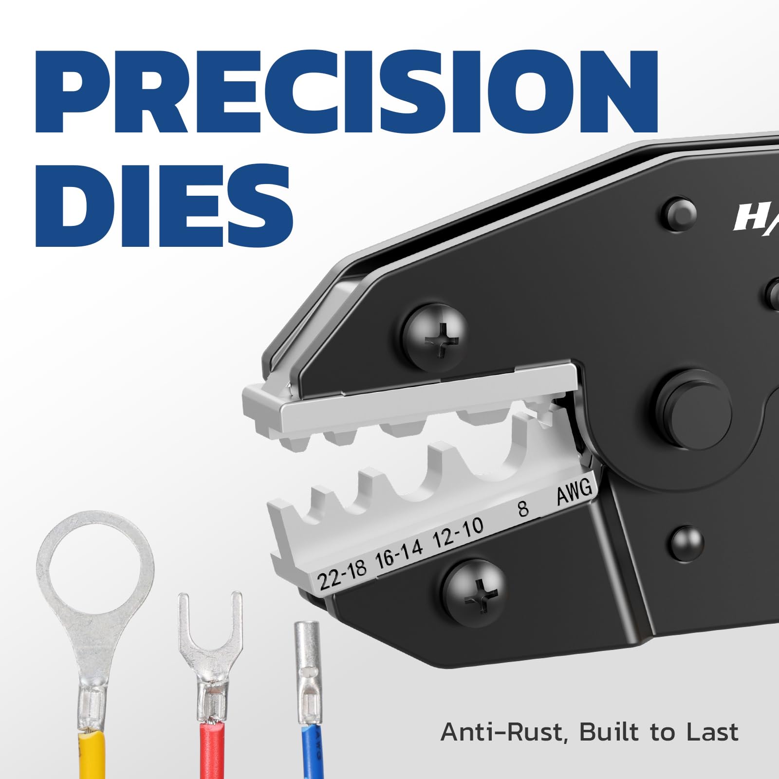 Haisstronica crimper dies compatible with AWG 22-6 cables and industrial-grade non-insulated connectors.