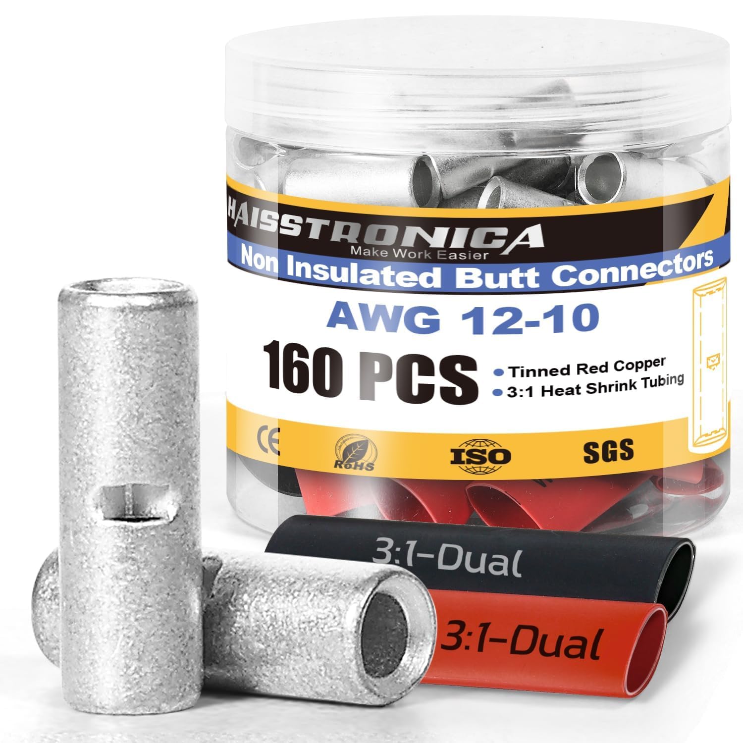 Haisstronica non insulated but connectors: 160pcs AWG12-10 set with tinned copper and 3:1 dual-wall heat shrink.