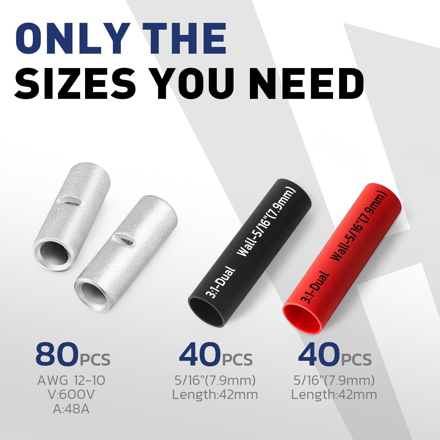 Haisstronica un insulated butt connectors: 80pcs AWG12-10 (600V/48A) with 42mm tubing for automotive/marine use.