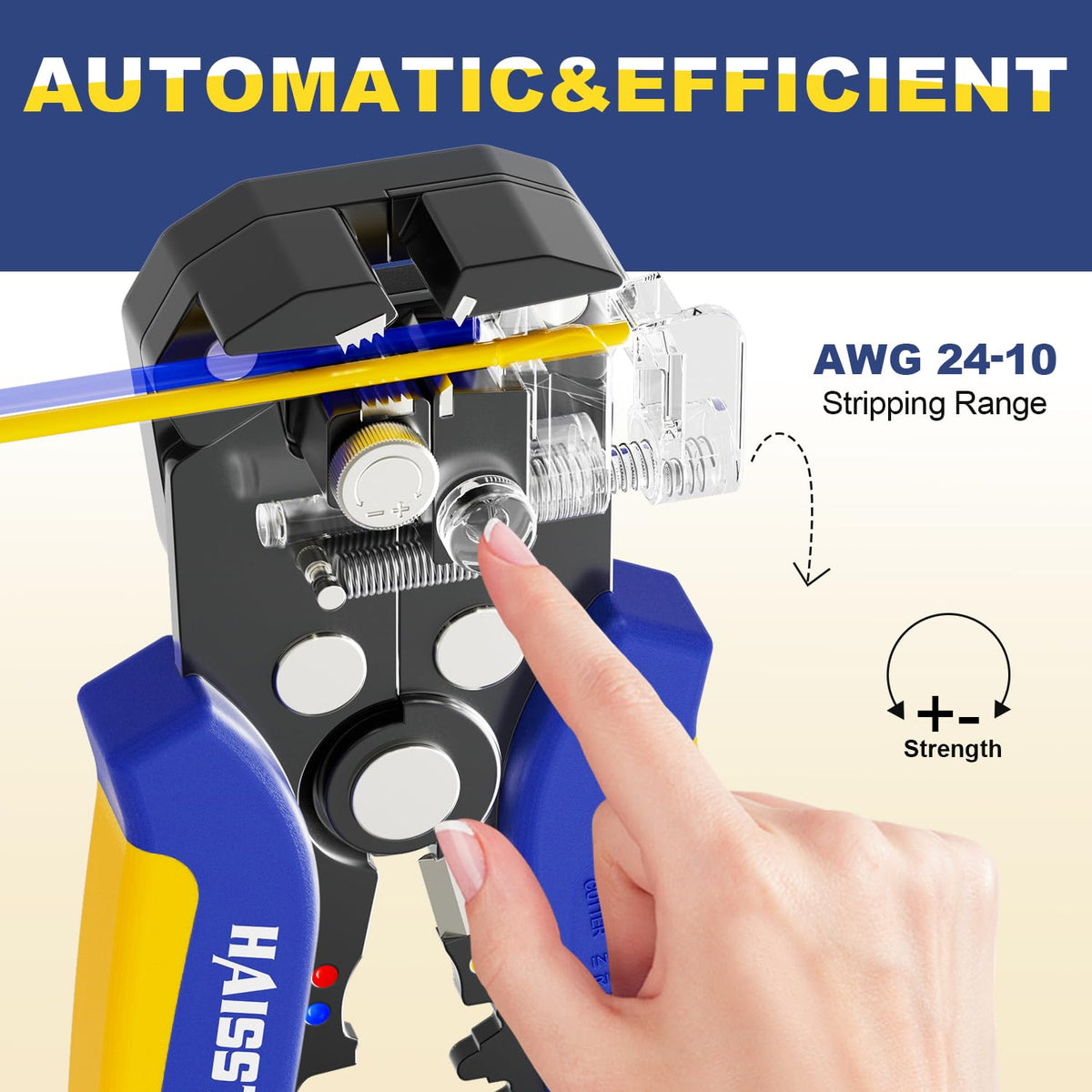 Automatic Haisstronica soldering connectors tool: Efficiently strips AWG24-10 wires with adjustable strength settings.
