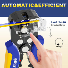 Automatic Haisstronica soldering connectors tool: Efficiently strips AWG24-10 wires with adjustable strength settings.